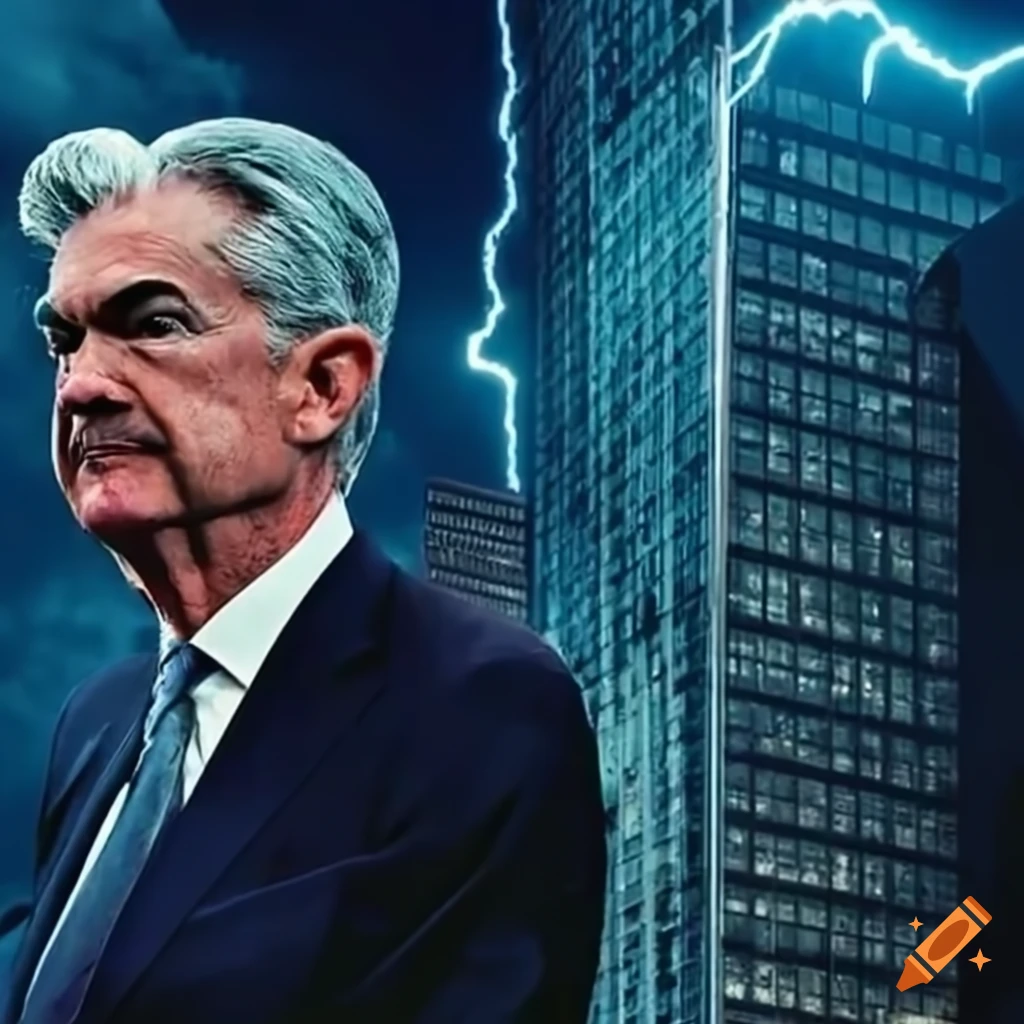 Depiction of economic recession with tall buildings, thunder, falling stocks, and a face of Jerome Powell