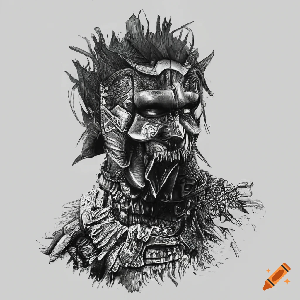 Man in beautifully-detailed wooden battle suit with grass hair