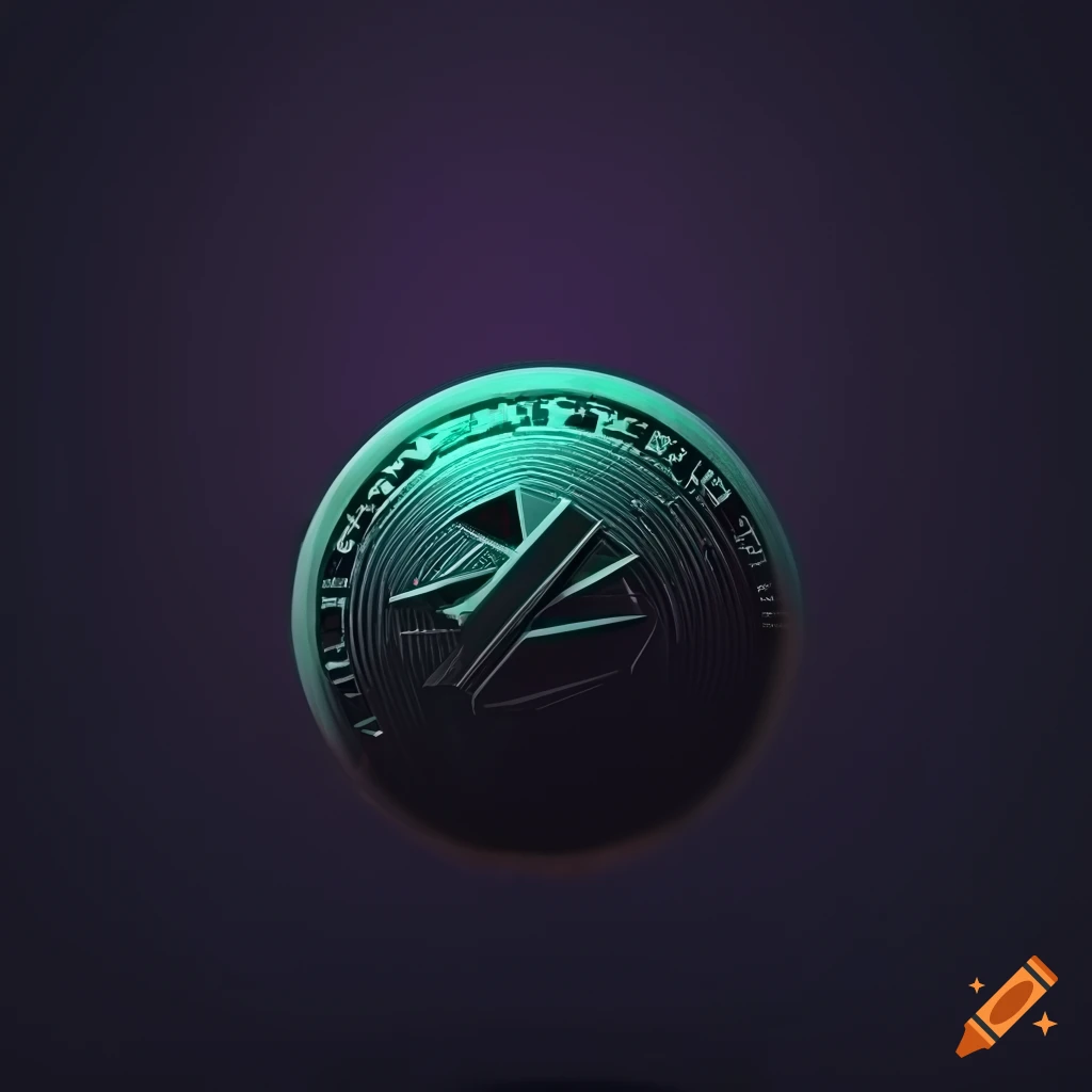 Stylized dark digital artwork with a cryptocurrency logo