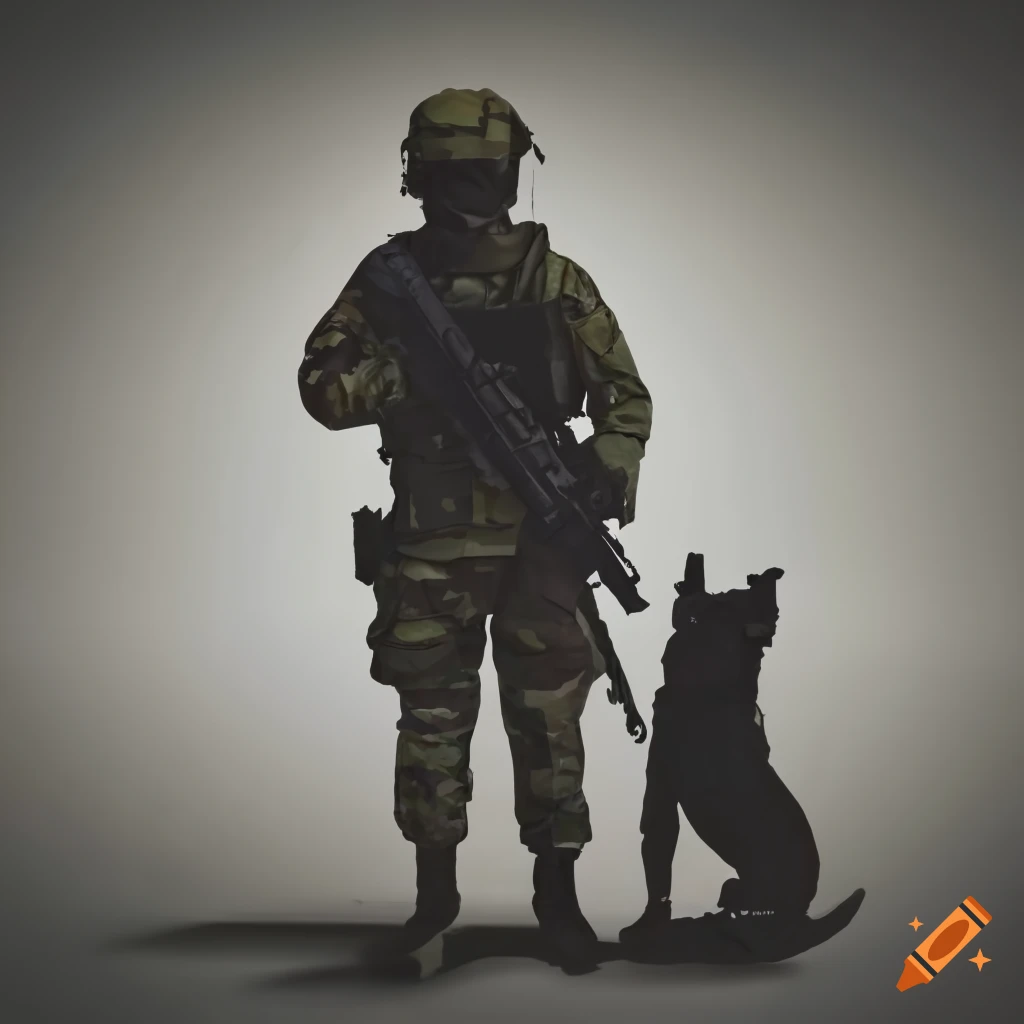 Silhouette of soldier with K9 in combat
