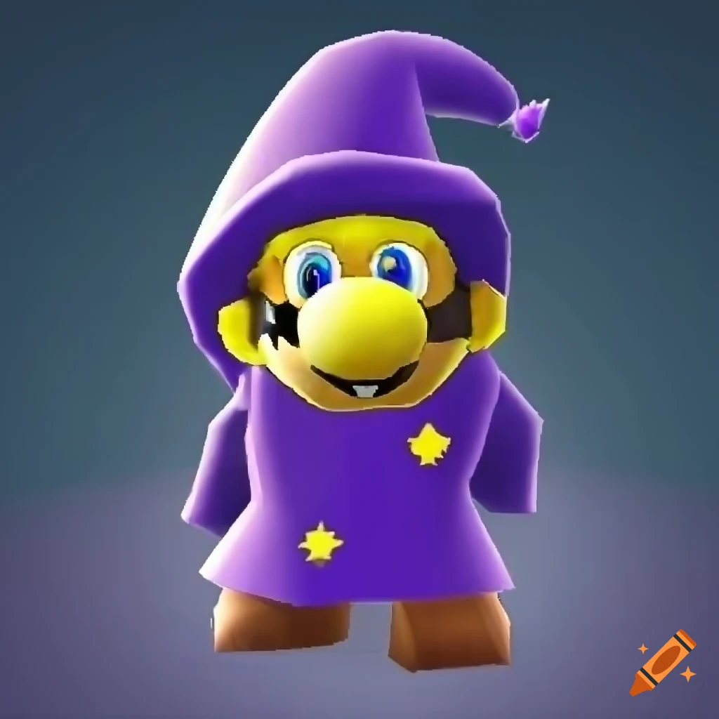 Cheerful yellow wizard in a purple hat and robe in nintendo 64 style