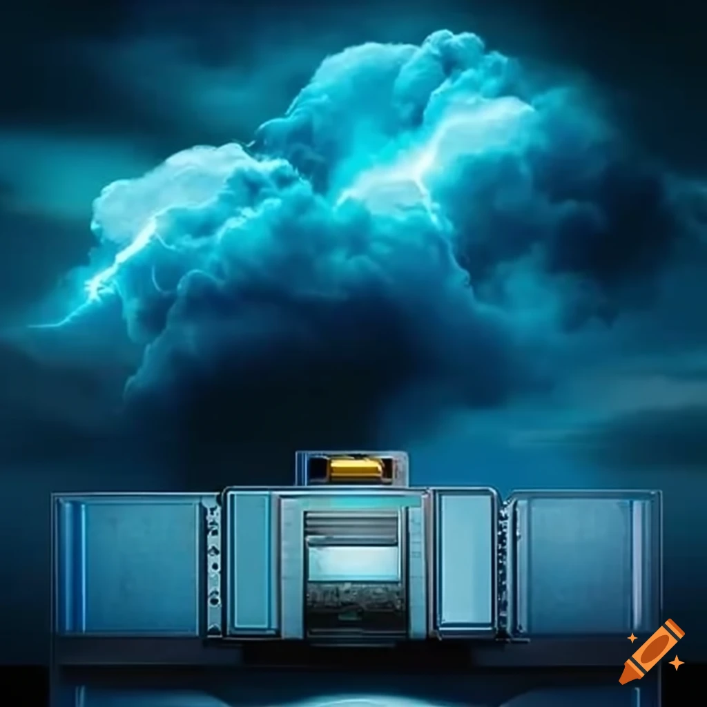 Heavy metal themed thunder cloud and on-premises servers emphasizing clouds