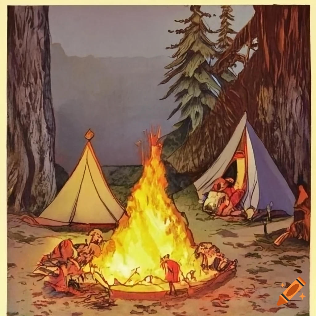 1970s fantasy illustration Campsite on the Edge of the Sun