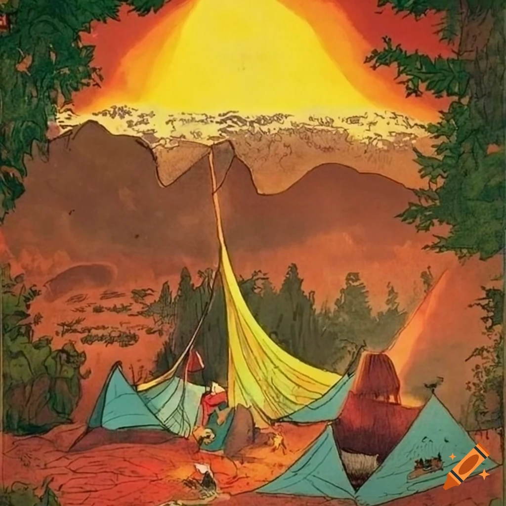 1970s fantasy illustration Campsite on the Edge of the Sun