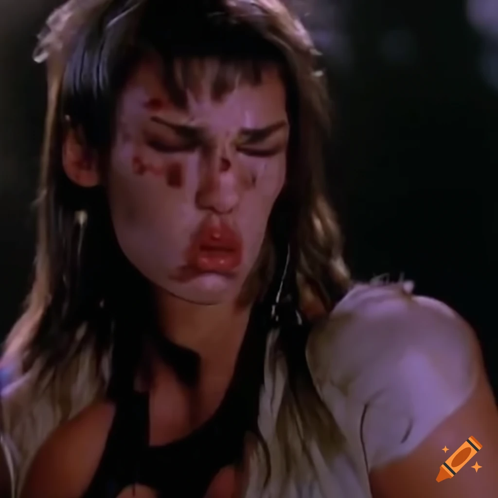 Closeup of expressive, bruised female fighter from a 90's movie scene