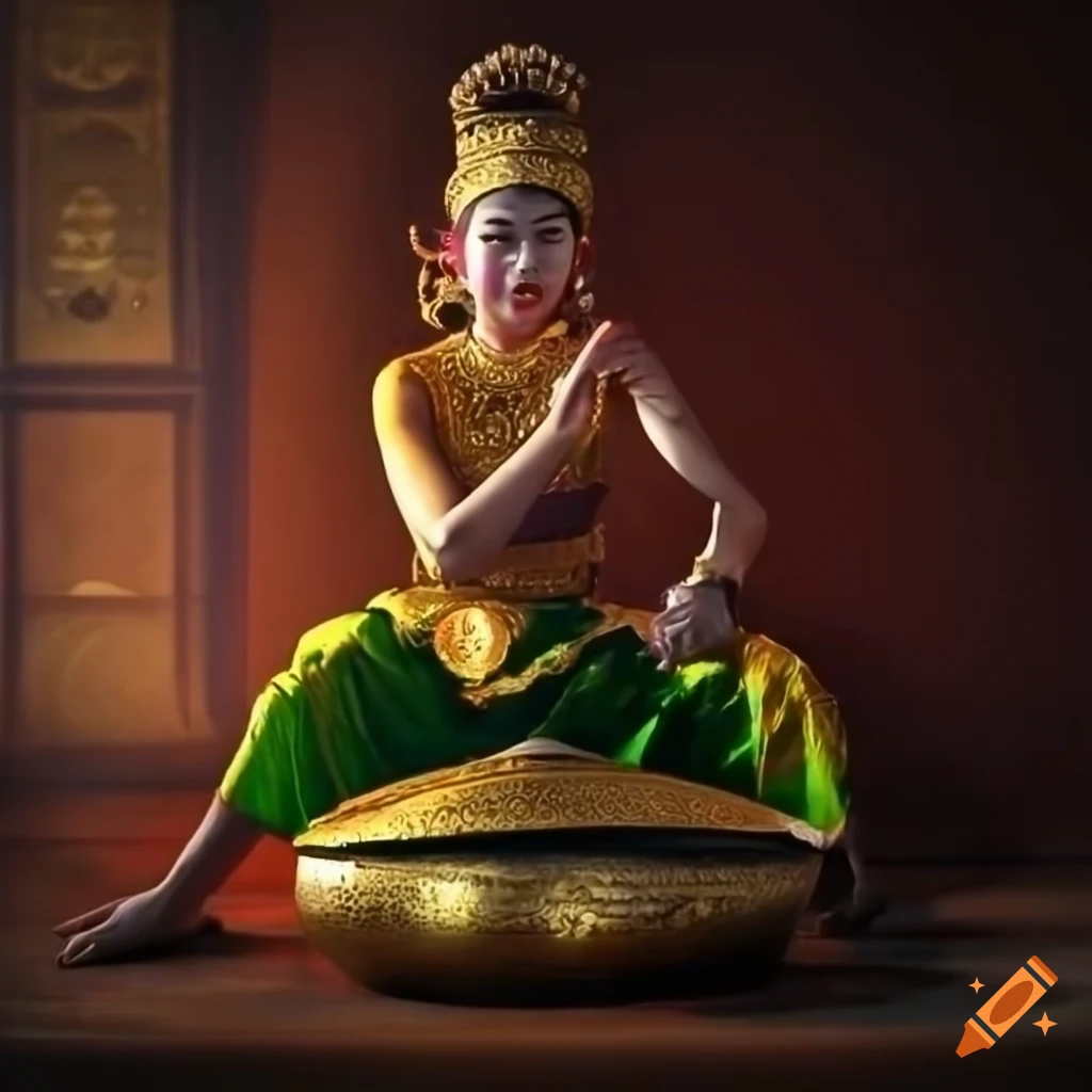 People playing gamelan, painting glass, and performing karawitan in a dance studio with 'mega mendung' motif