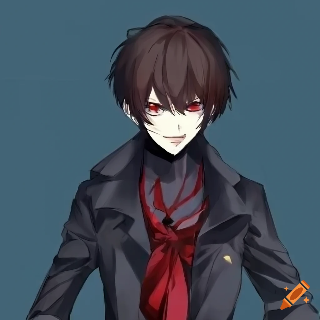 Anime vampire boy with red pupils and dark trenchcoat