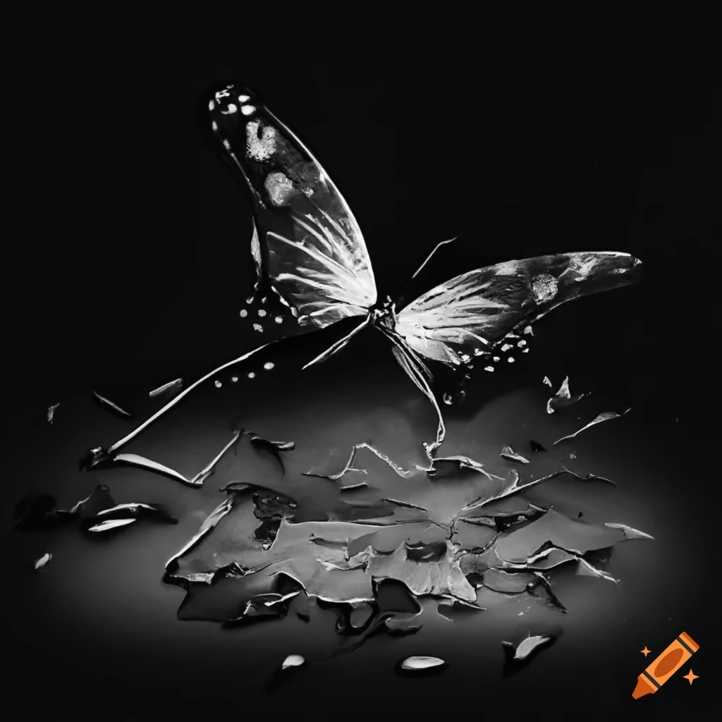 Shattered glass pieces with butterflies