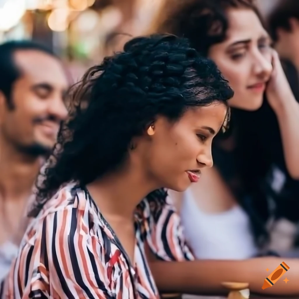 Diverse group of people sitting at tables in an outdoor restaurant patio