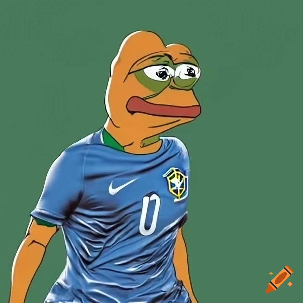 Orange Pepe frog playing football in Brazil national team shirt on Craiyon