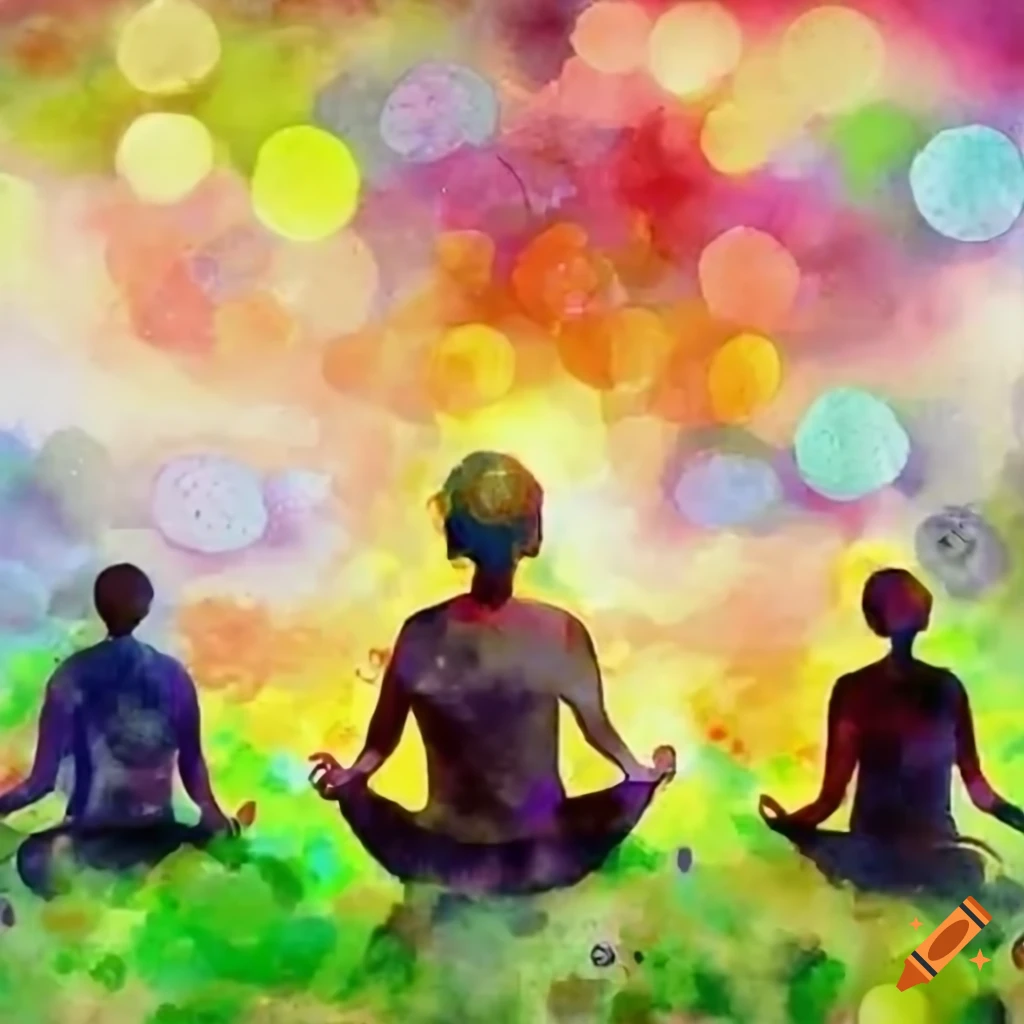 Group meditating in front of a dreamy landscape with butterflies and trees