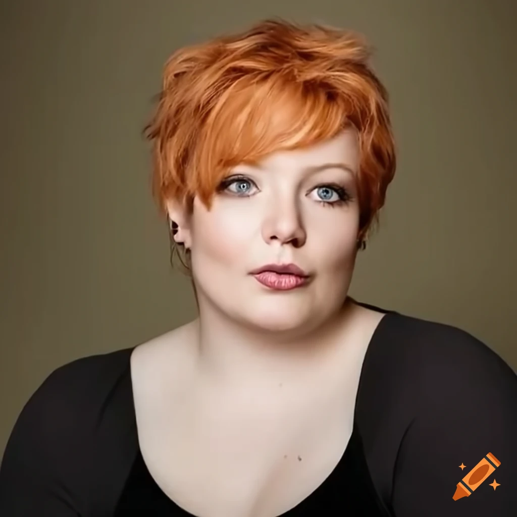 Confident plus-size model with trendy casual outfit and pixie-style curly hair