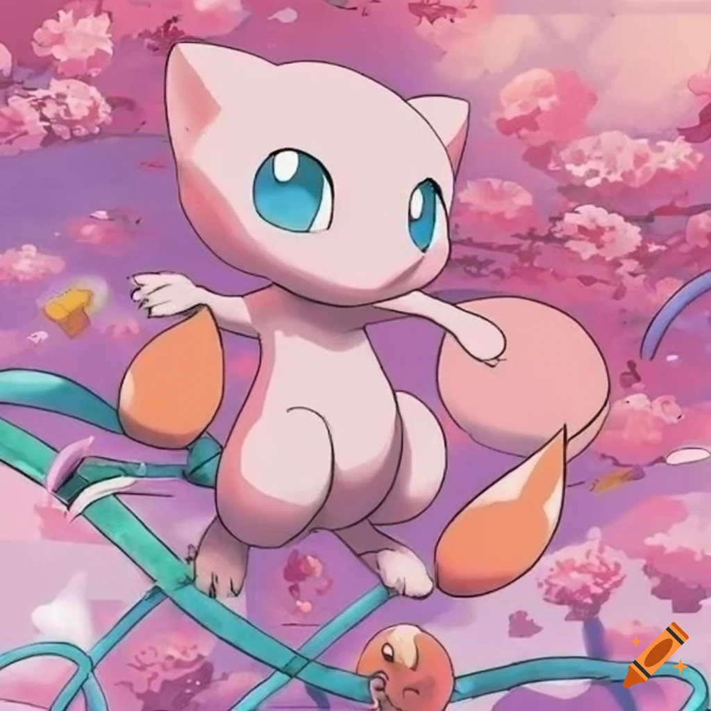 Pokemon Mew in a garden for a girl's birthday card