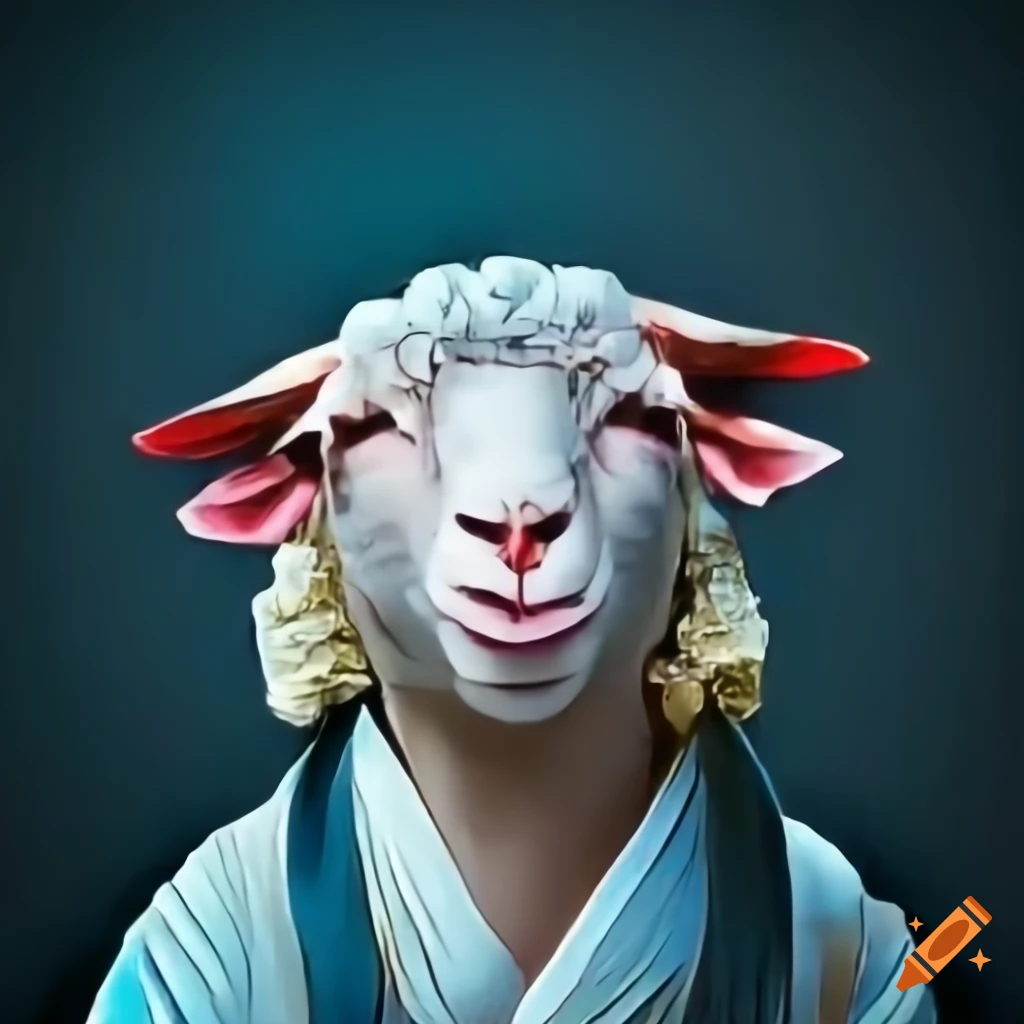 Sheep eating sushi in traditional Japanese attire