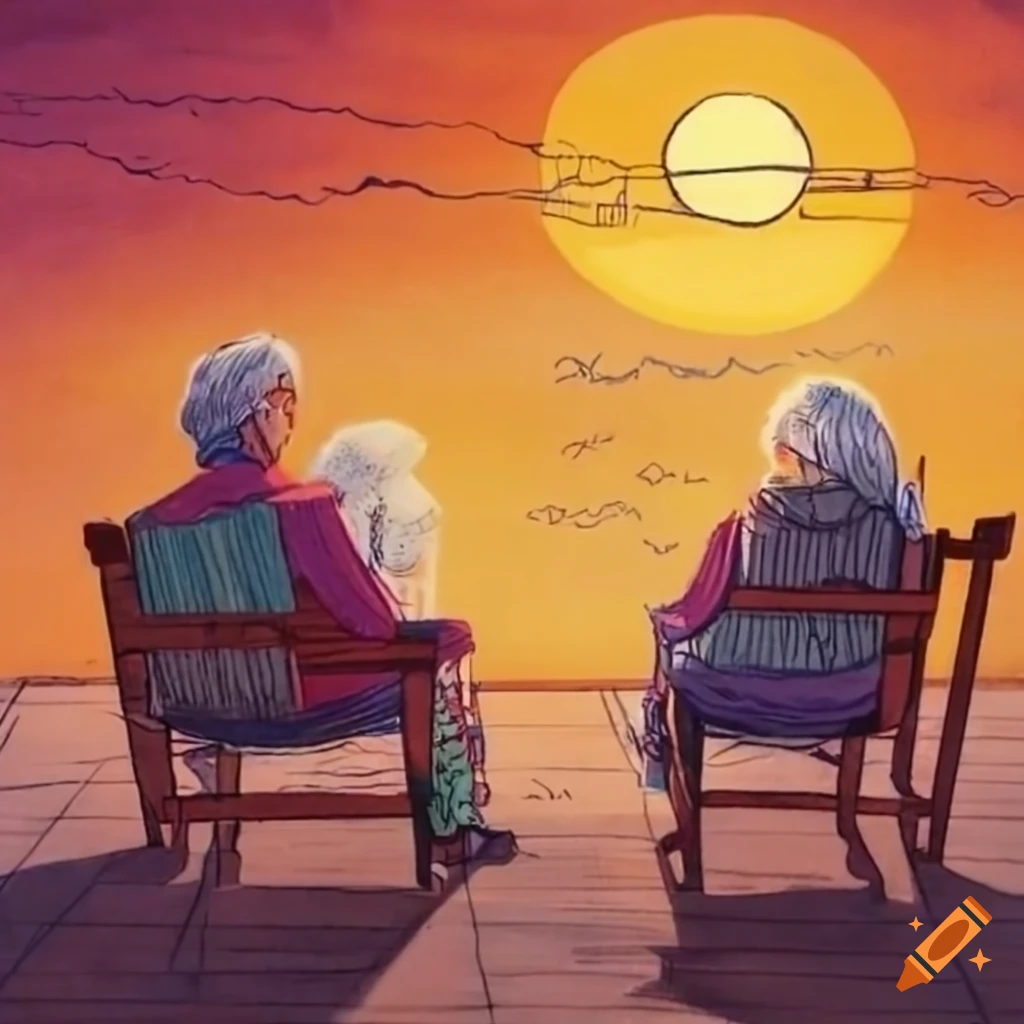 Elderly couple weaving clothes and watching sunset together