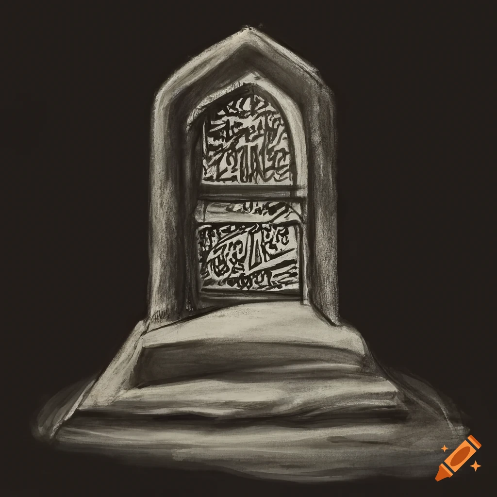 Detailed charcoal drawing of traditional Muslim grave markers with Arabic inscriptions