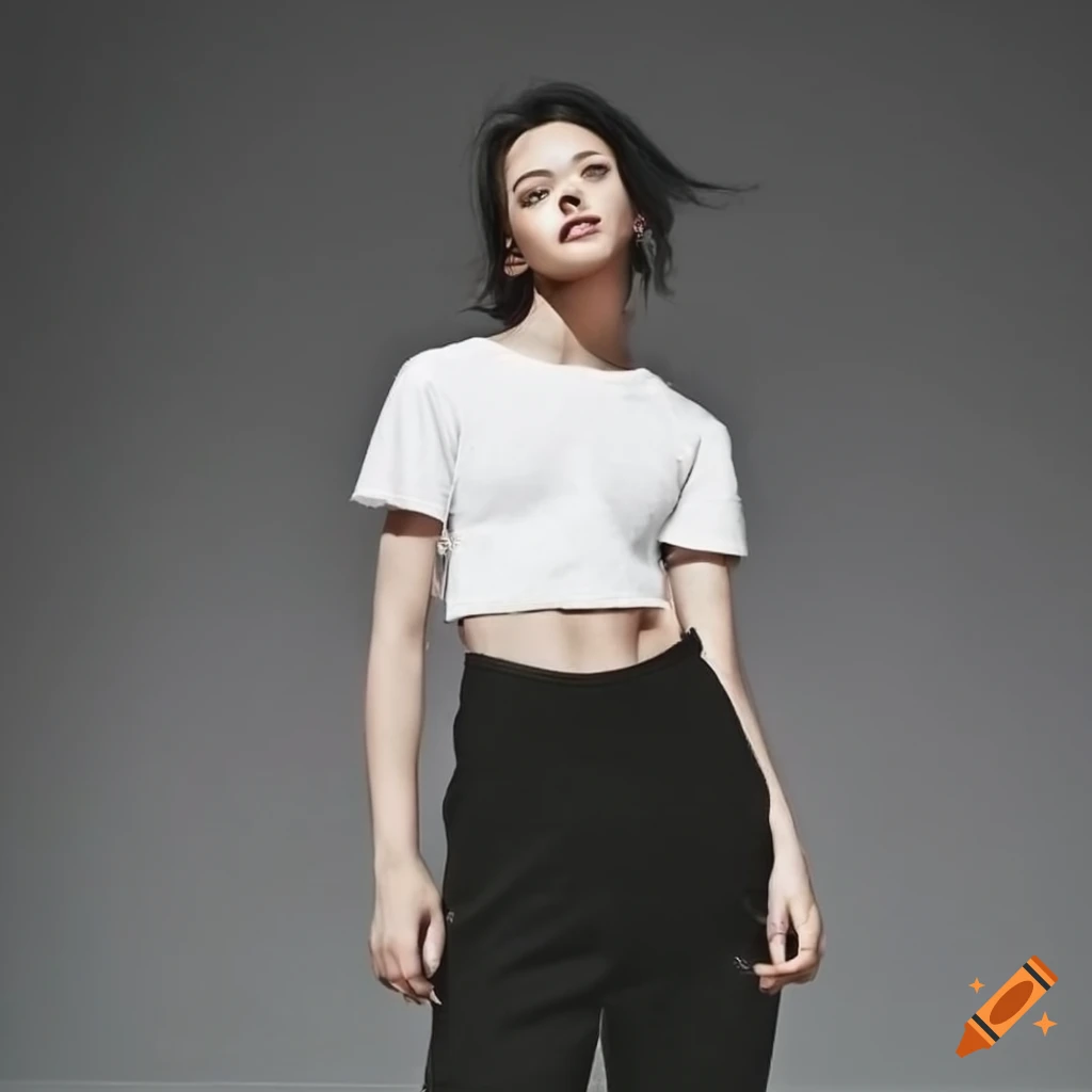 Fashionable girl in white crop top, black jeans, and sneakers