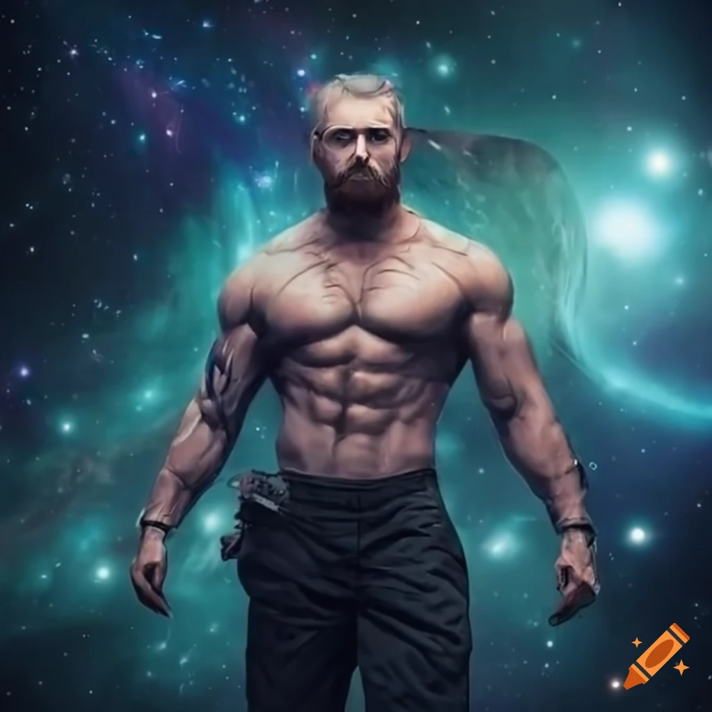 Experienced and muscular space engineer in a ship's bay with a cosmic backdrop