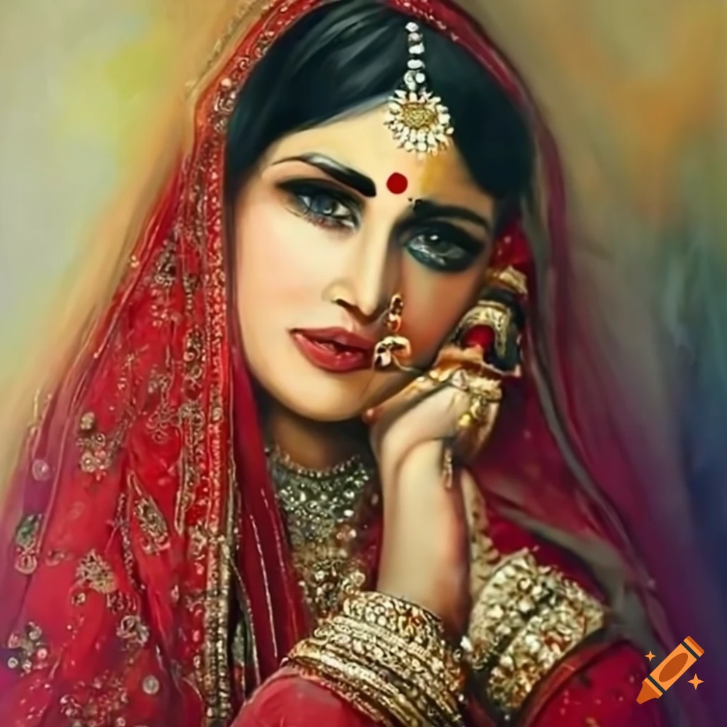 Traditional Pakistani bride in red dress painting