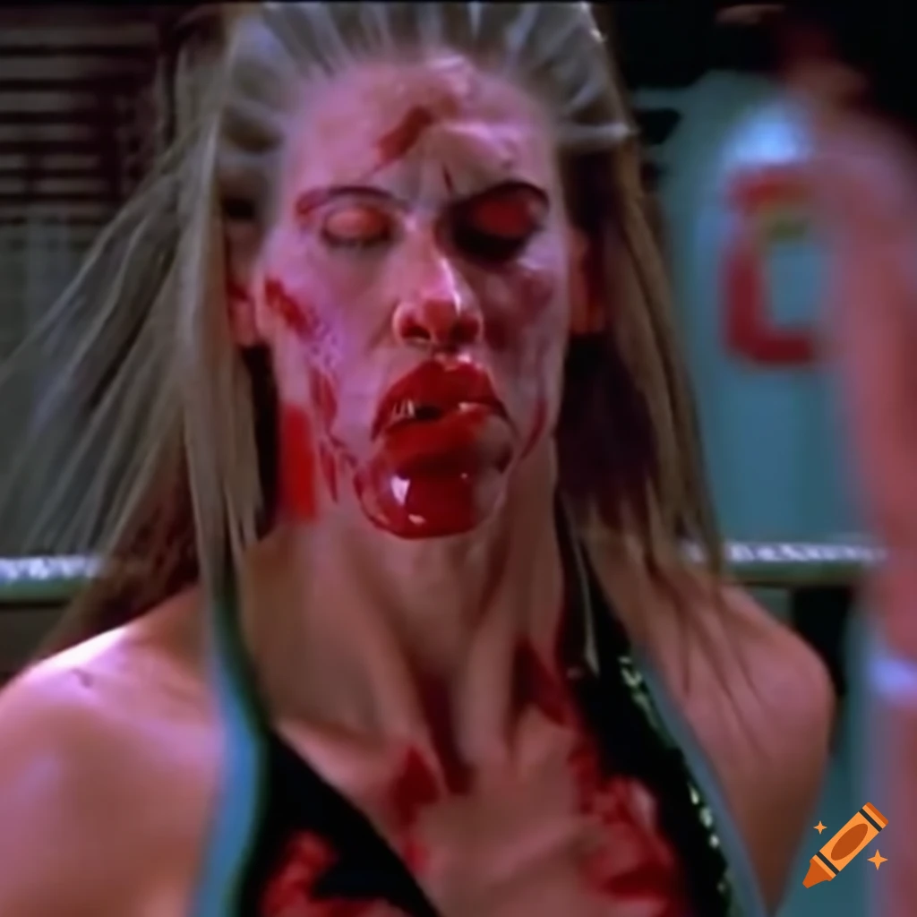 Closeup of Hilary Swank expressive face in a 90's movie scene