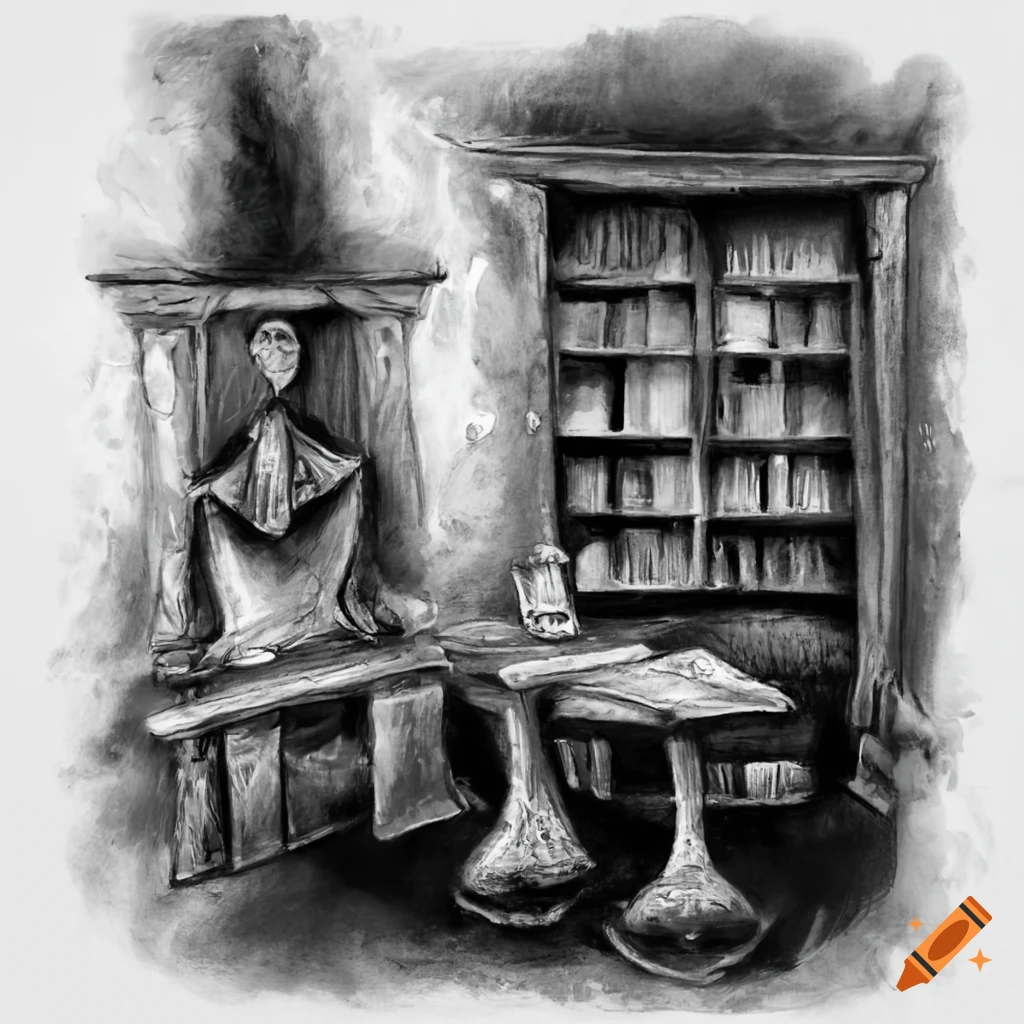 Drawing of the great wizard's office in black and white charcoal
