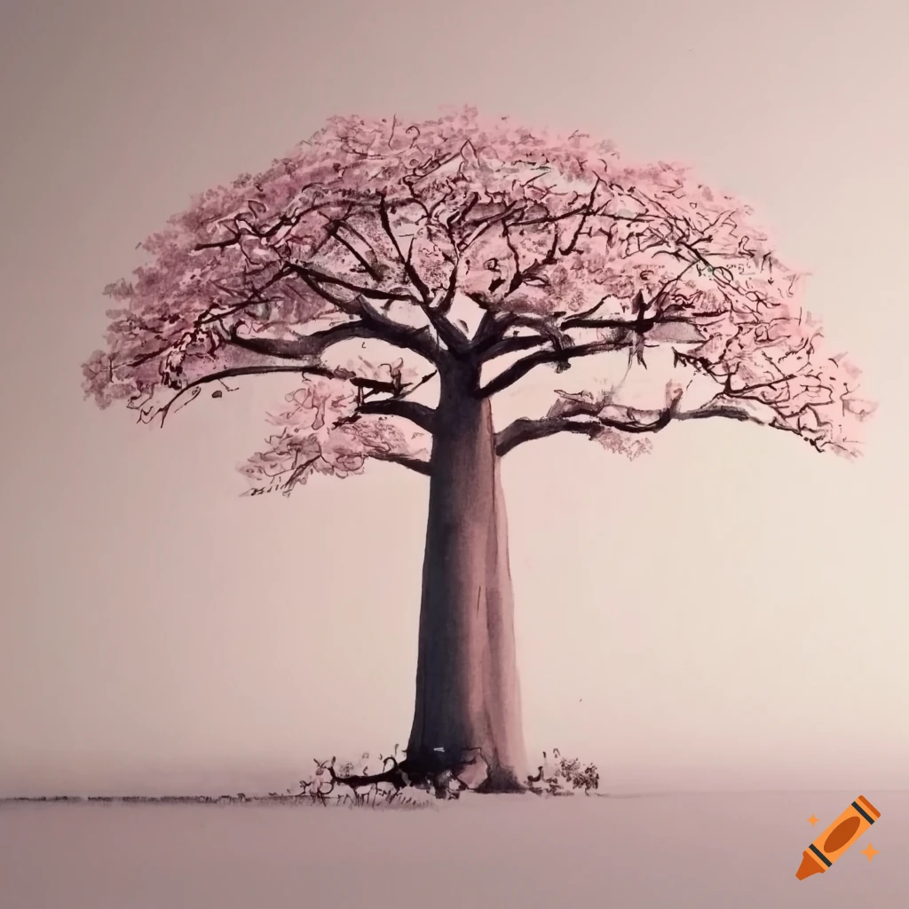 Baobab tree with cherry blossoms drawing