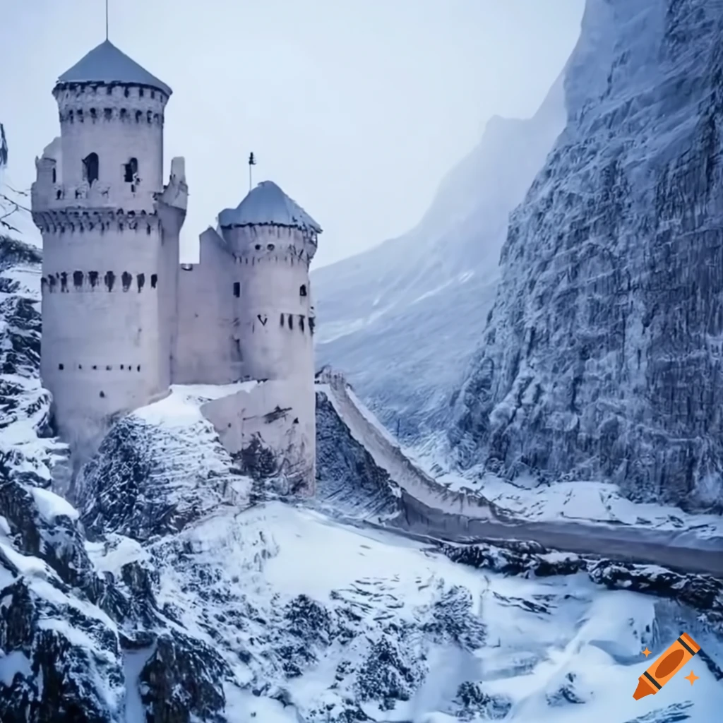 Snowy canyon leading to a castle with three towers and bridges