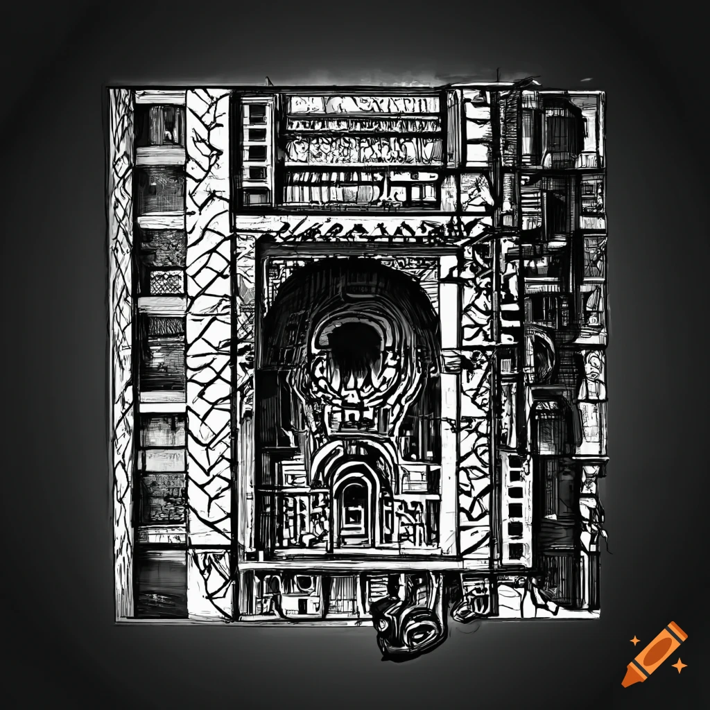 Black and white line art of a section of an ancient derelict spaceship with pipes and panels