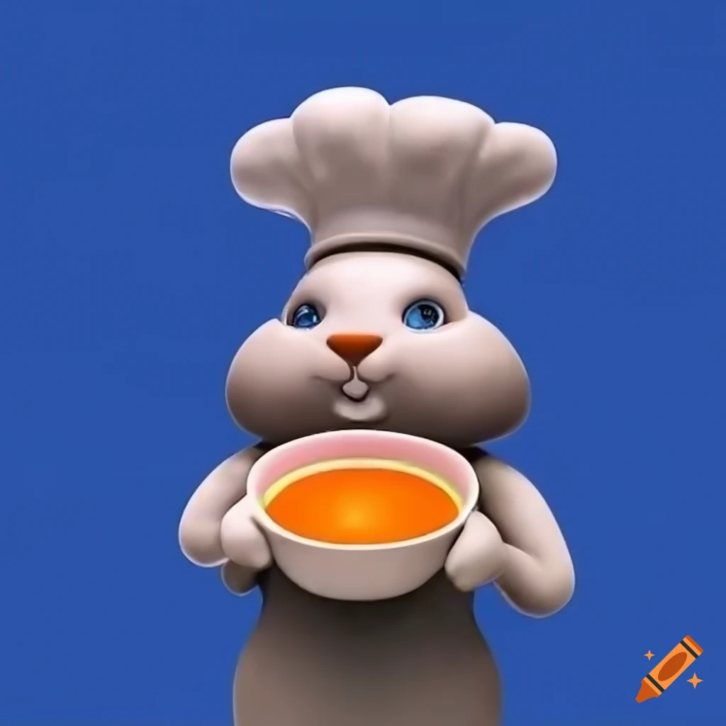 Adorable 3D-rendered bunny named Fluffy with chef's hat and carrot dish