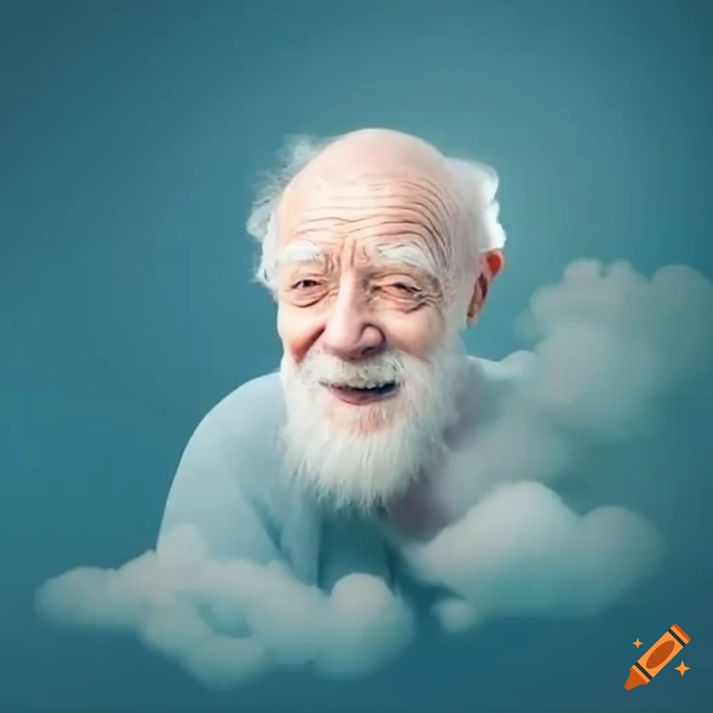 Elderly man looking down happily from the clouds