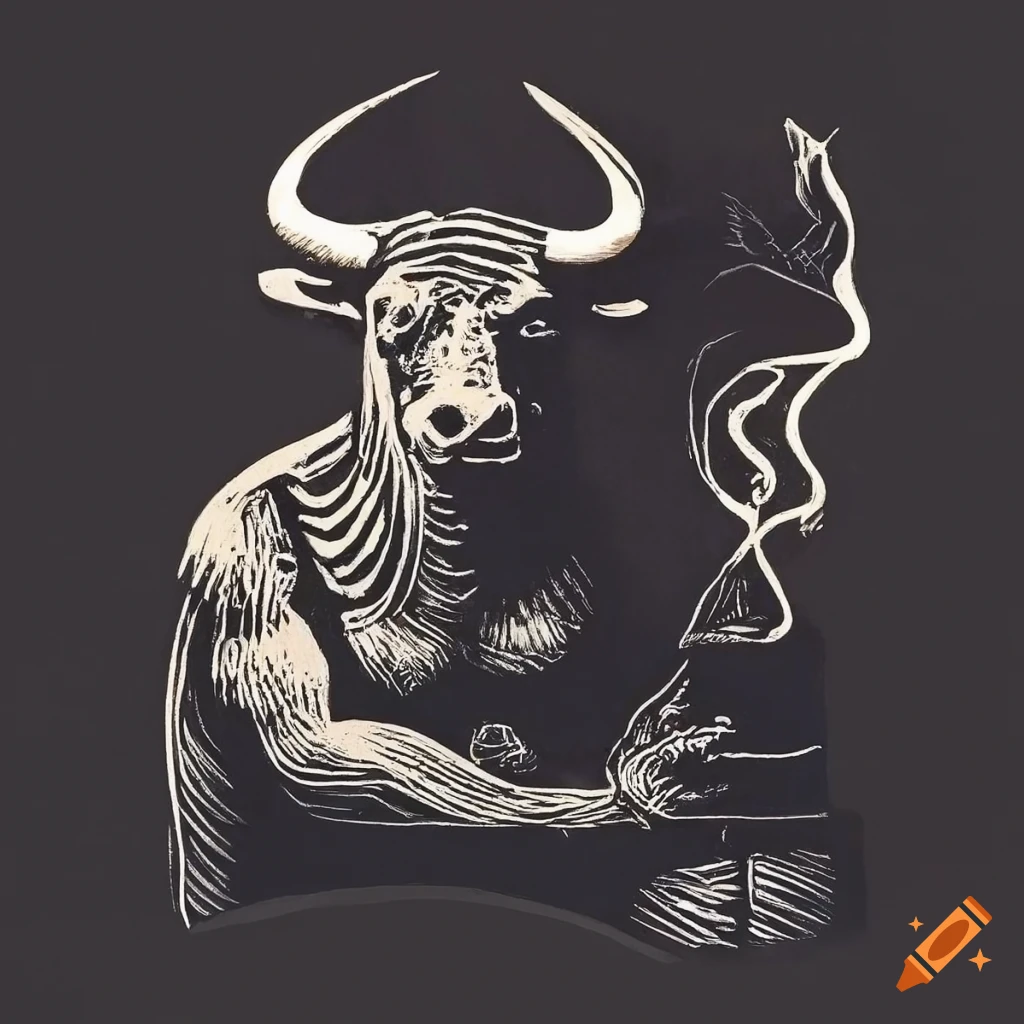 Bull-headed character with human body smoking a cigarette