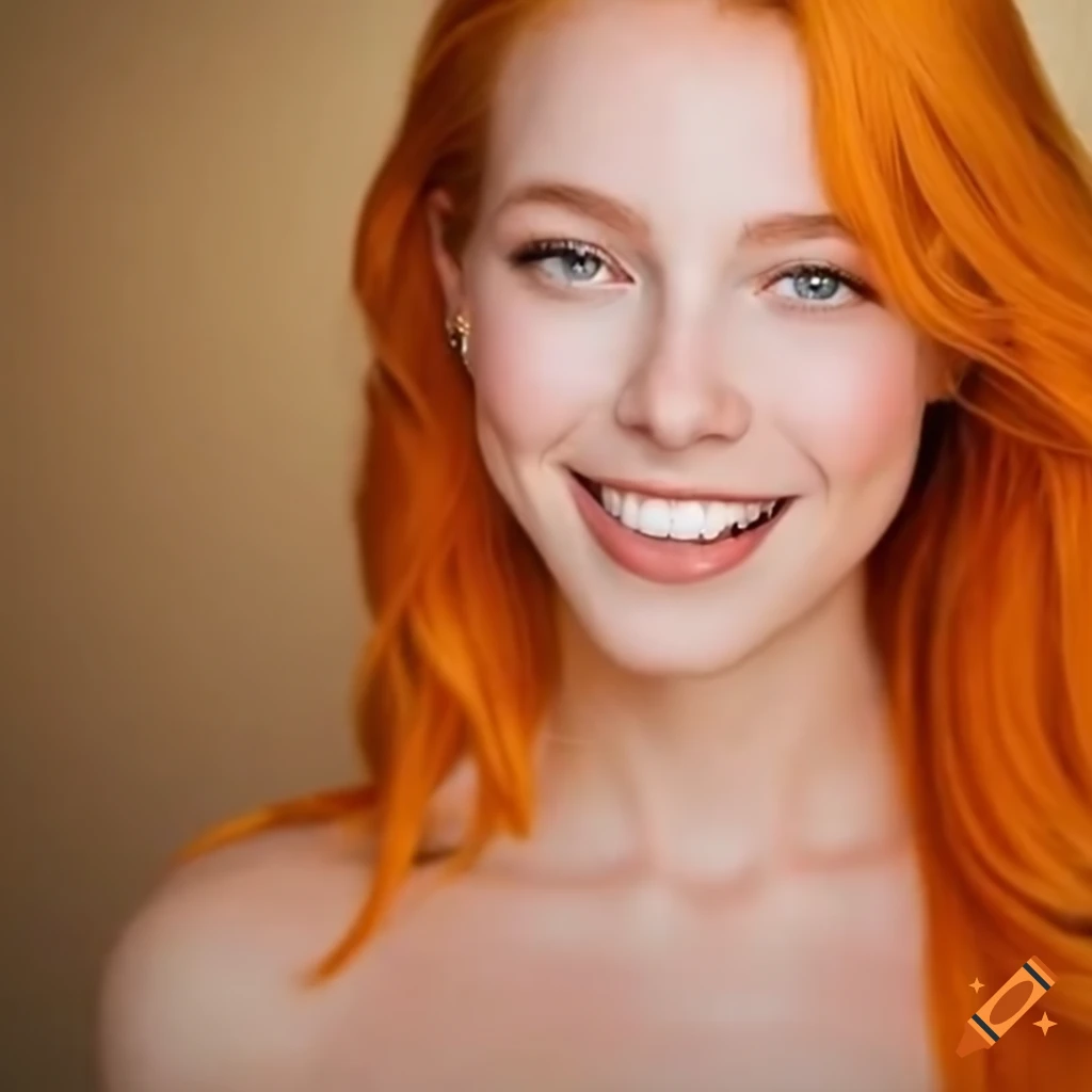 Woman with sun-kissed orange-blonde hair smiling in a studio setting