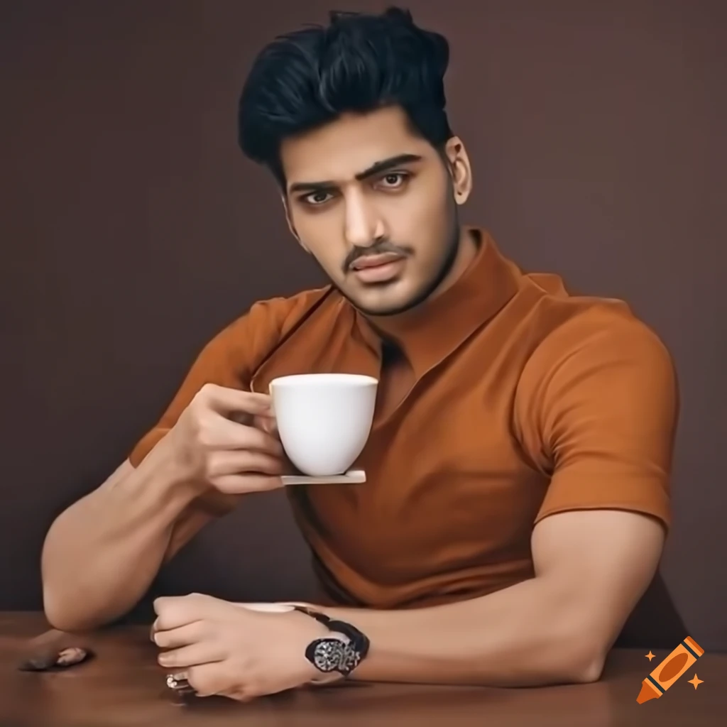 Attractive Indian male model drinking tea at a table