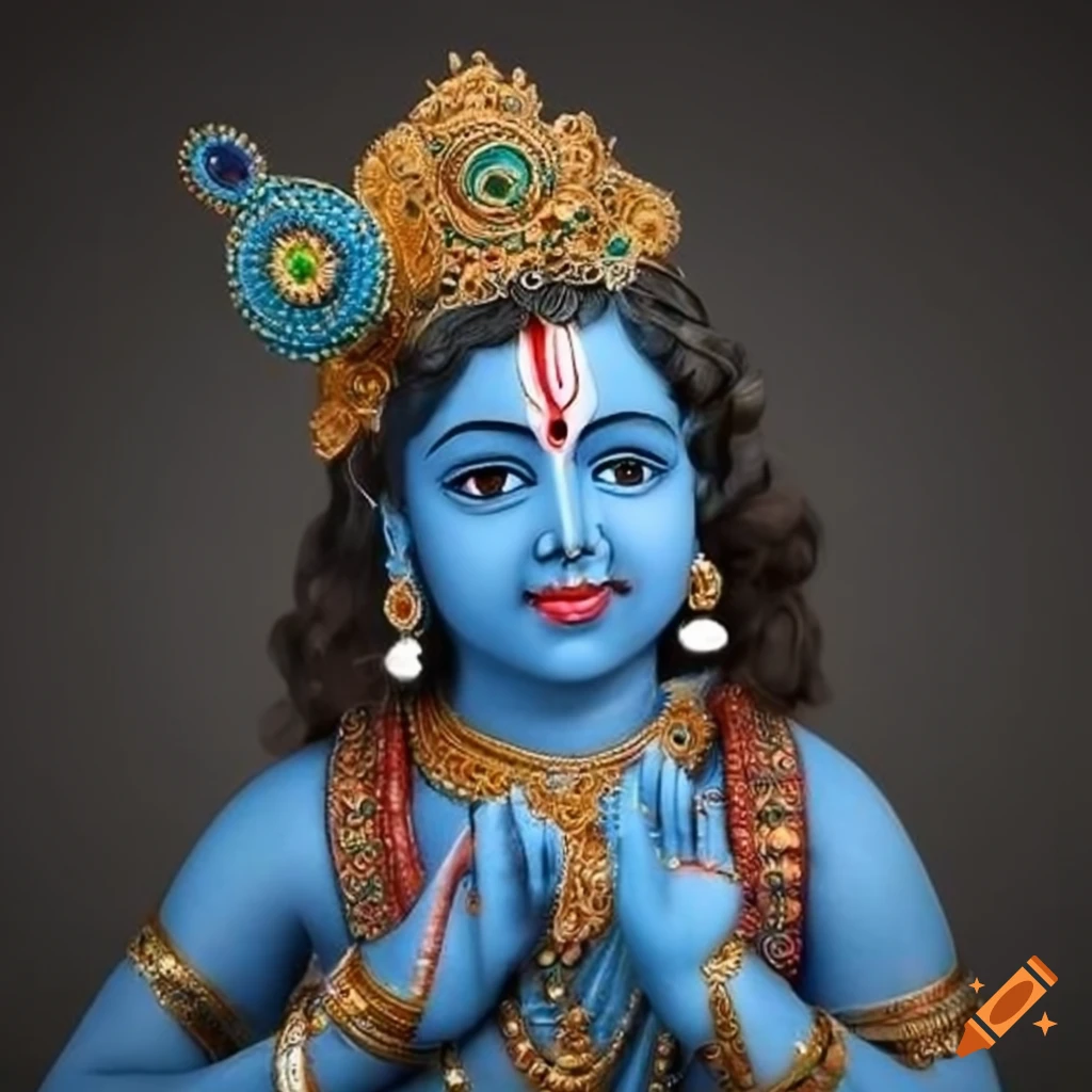 Lord Krishna in a serene pose with deep blue skin and vintage ornaments