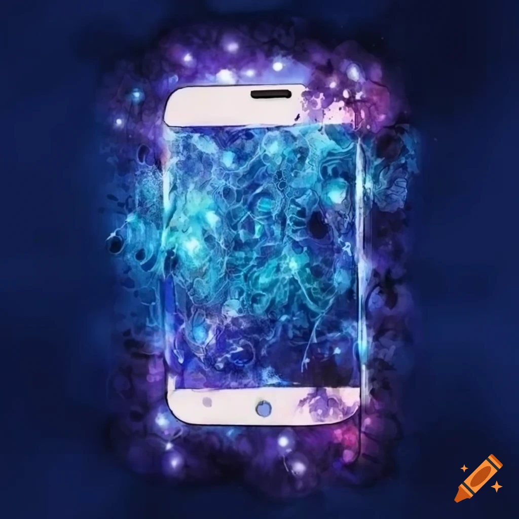 Smartphone with quantum lights on indigo background