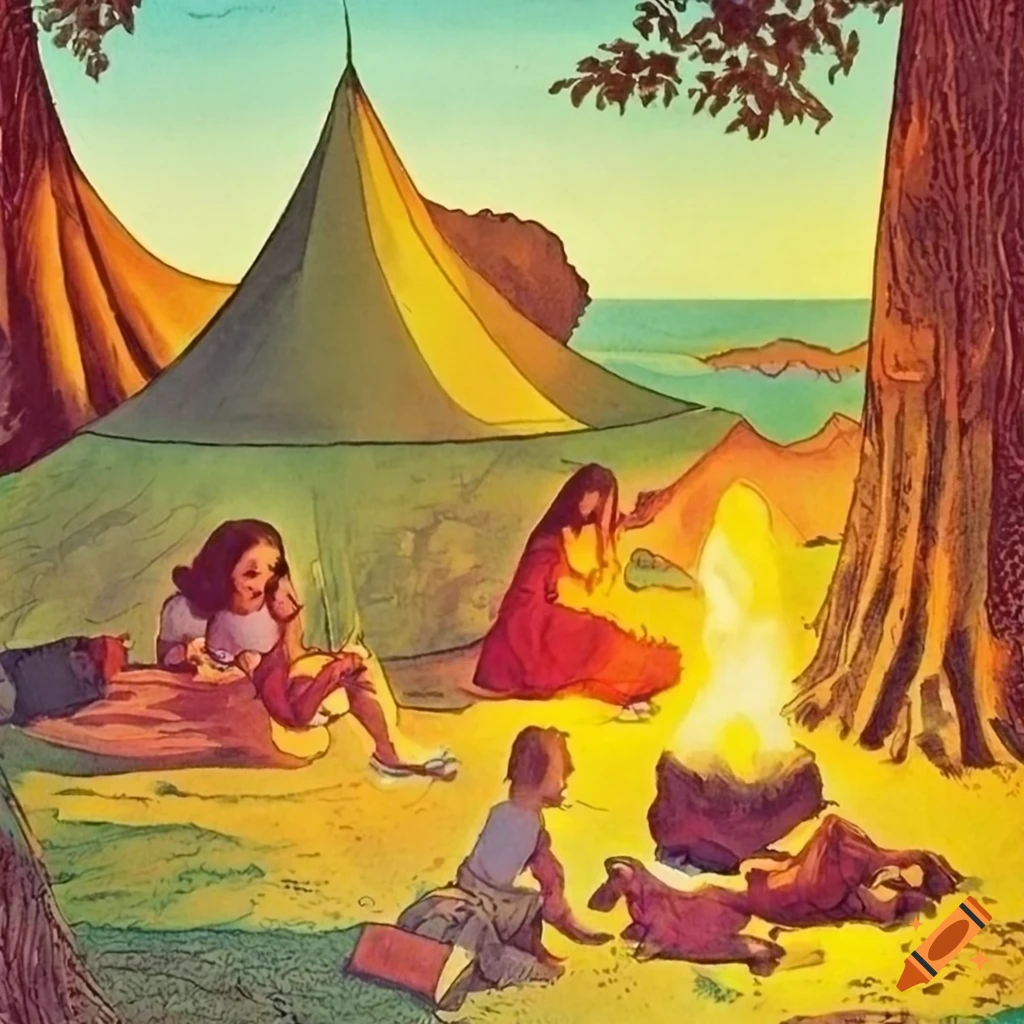 1970s fantasy illustration Campsite on the Edge of the Sun