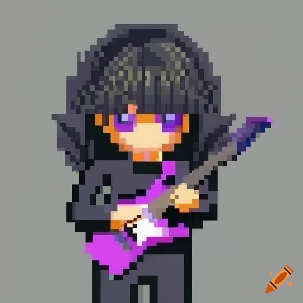 Pixel art of a boy with black hair covering his eye, holding a purple electric guitar in black attire
