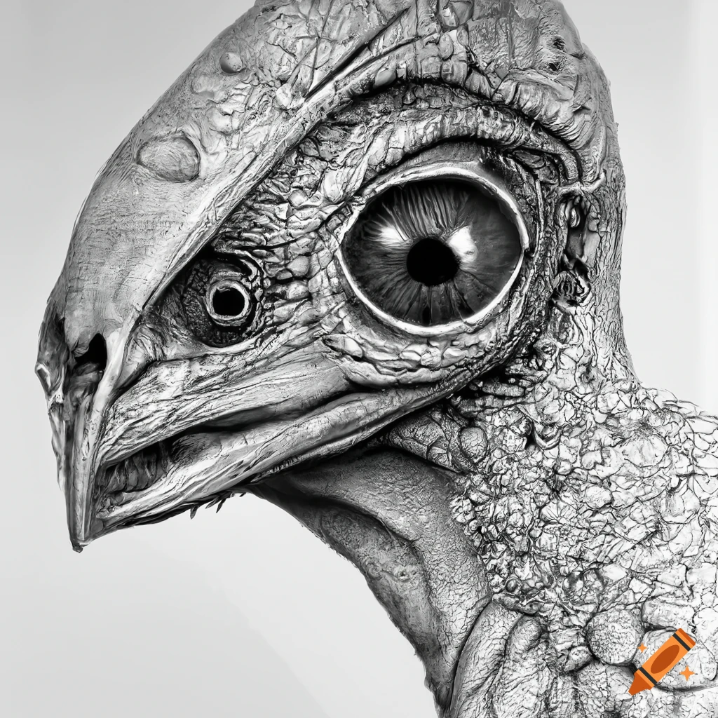 Recycled object sculpture of a bird alien hybrid with a single huge eye ...