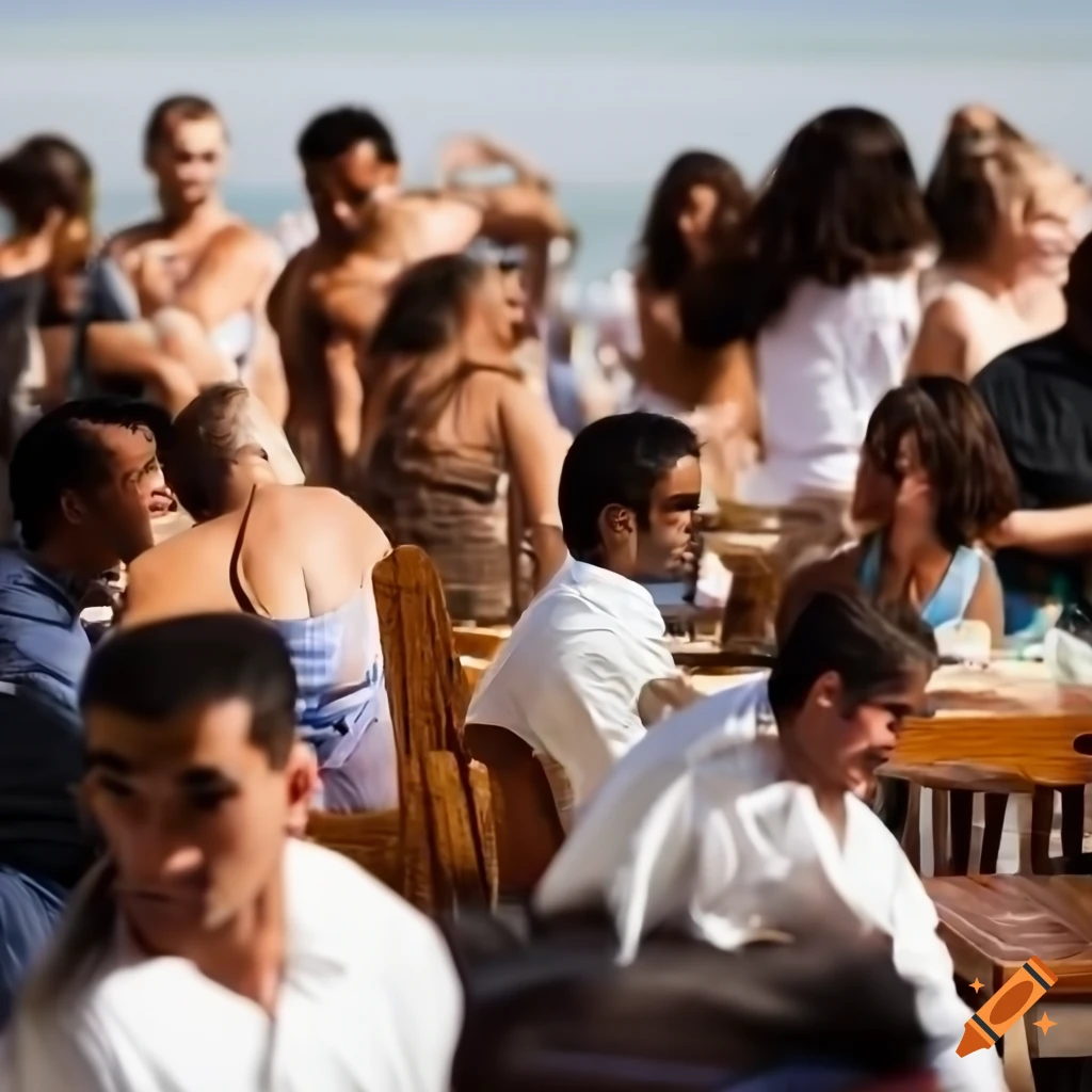Crowd of people enjoying a sunny day at a beach restaurant