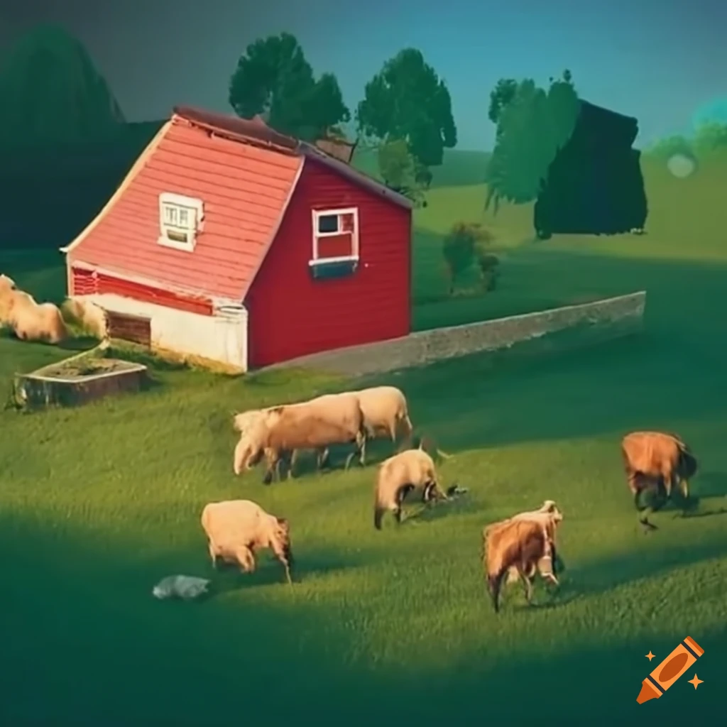 Countryside farm with fertile lands and farm animals