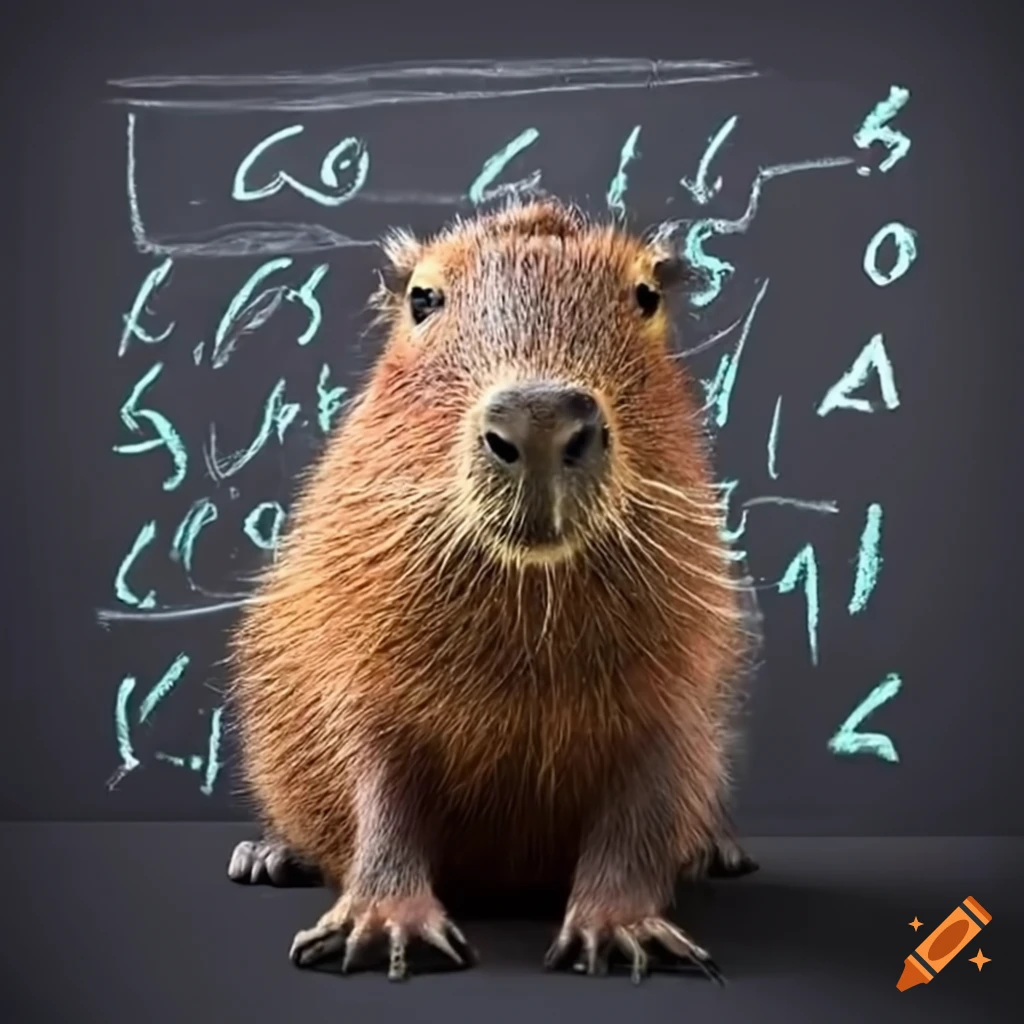 Capybara holding chalk in front of math equations on blackboard