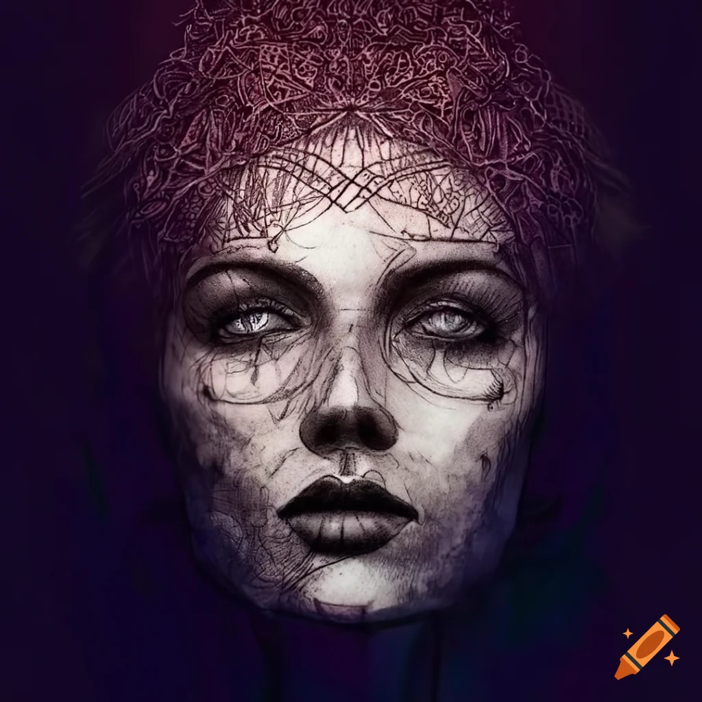 Intricate geometric woman face tattoo on a man's forearm