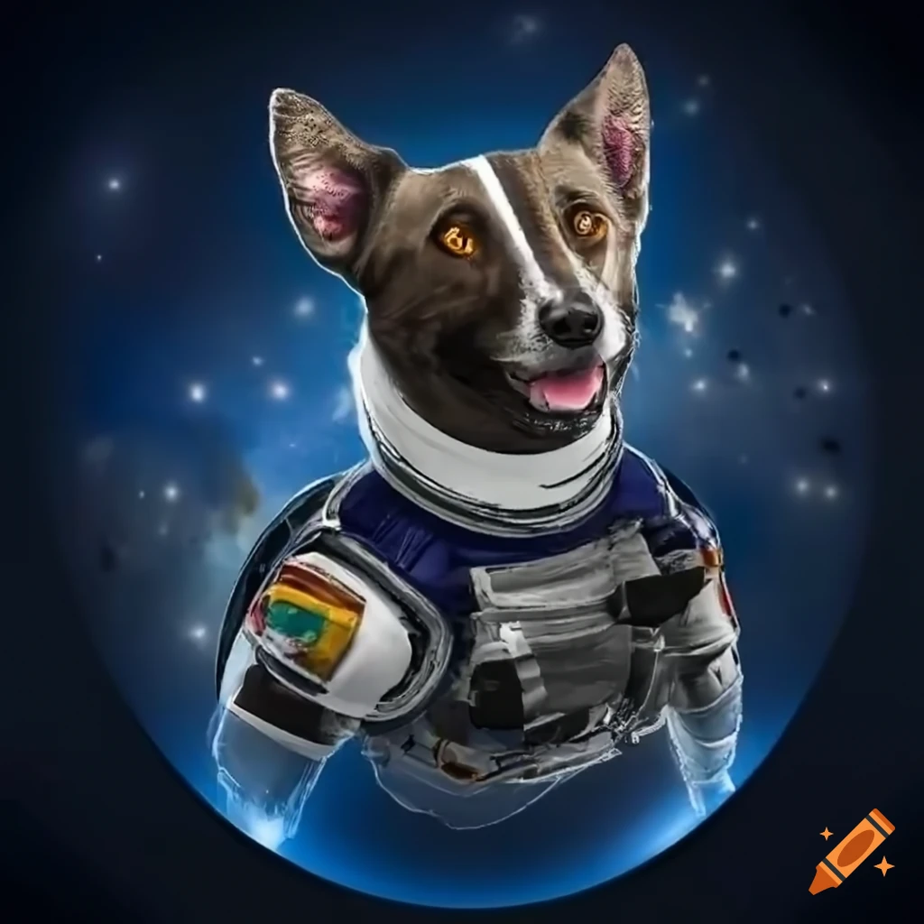 Laika the first dog in space in a detailed space suit inside a ...