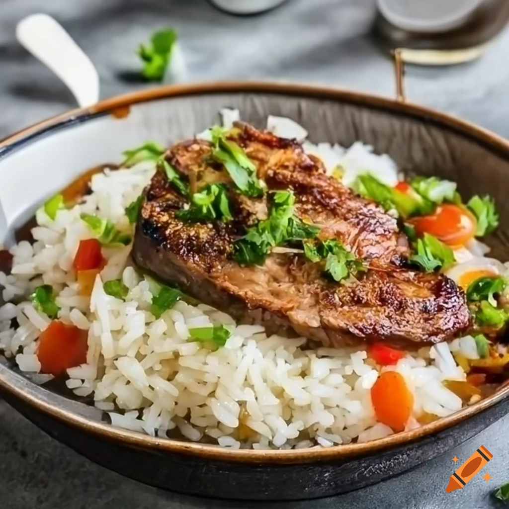 Rice with onion steak, professional food photography with soft lighting