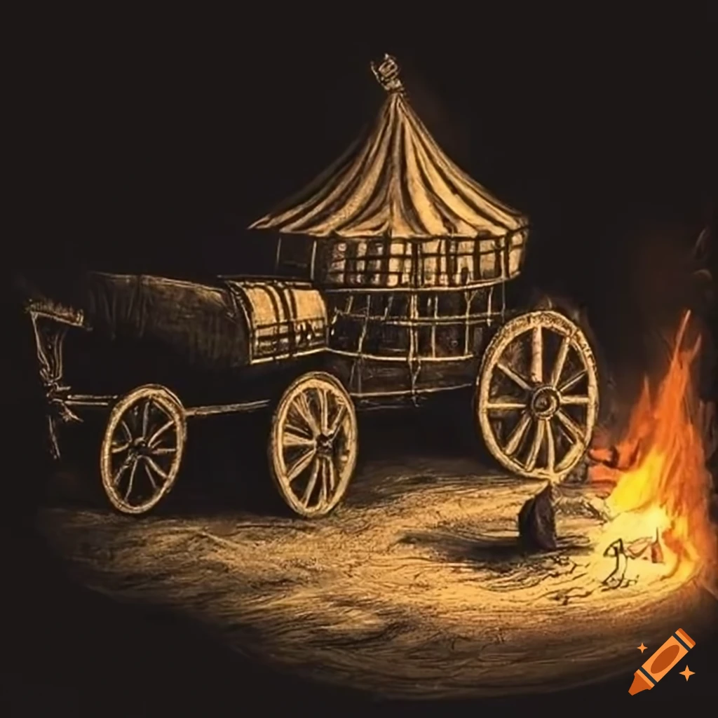 Intricate charcoal drawing of circus wagons around a campfire with grazing horses