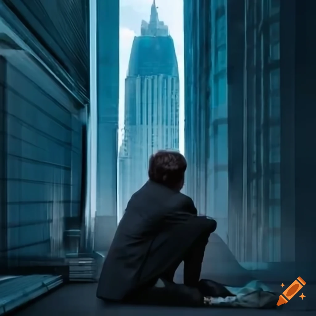 Contrast between businessman in high rise building looking at homeless person below