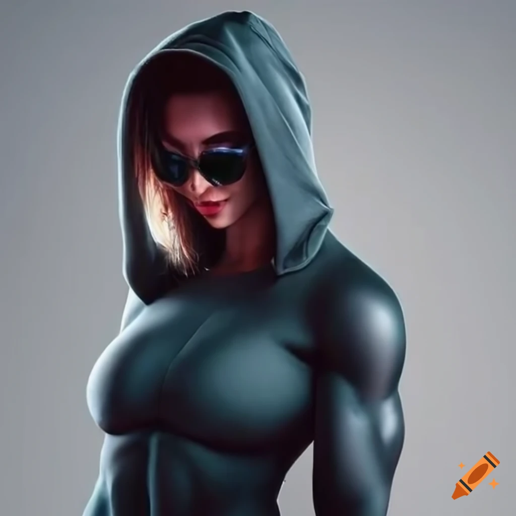 Muscular young woman wearing high-tech glasses, a hoodie, and gloves while climbing