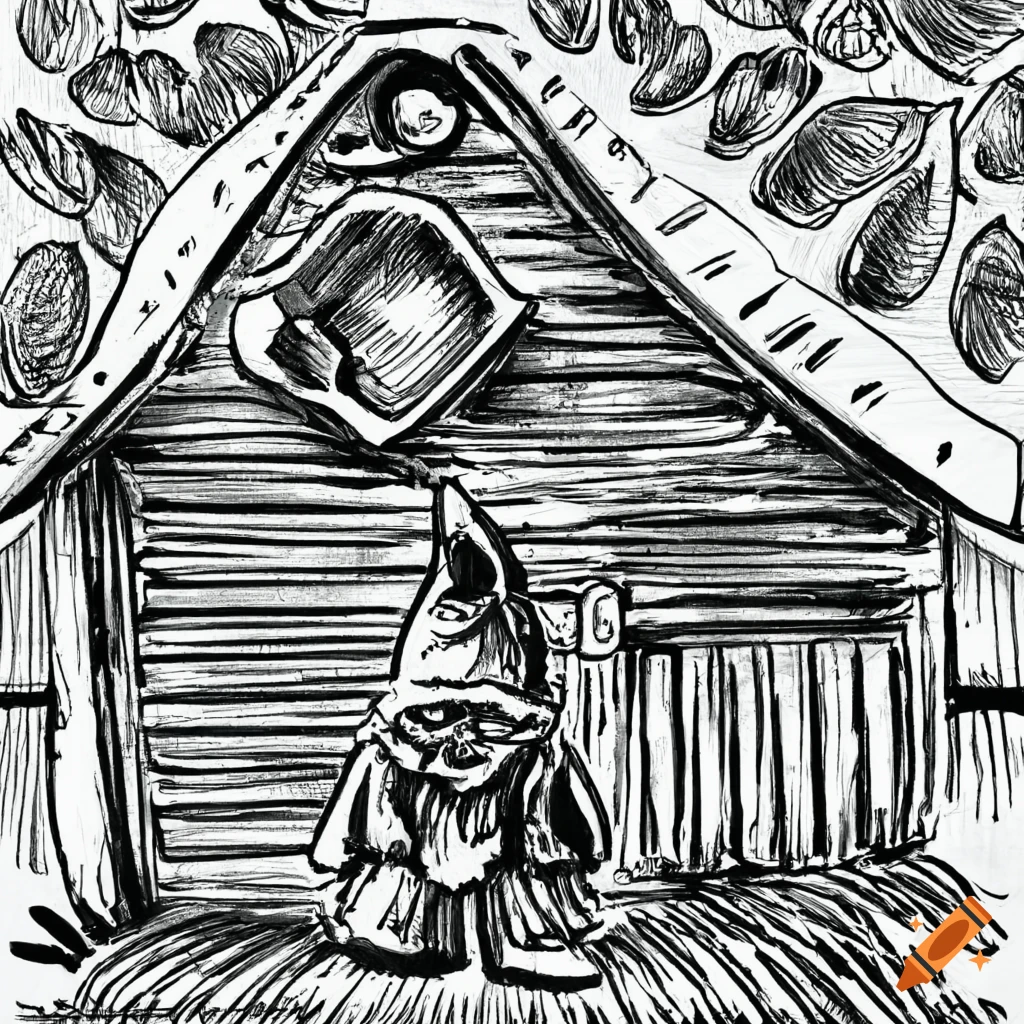 Friendly gnome in front of wooden shed in ink drawing