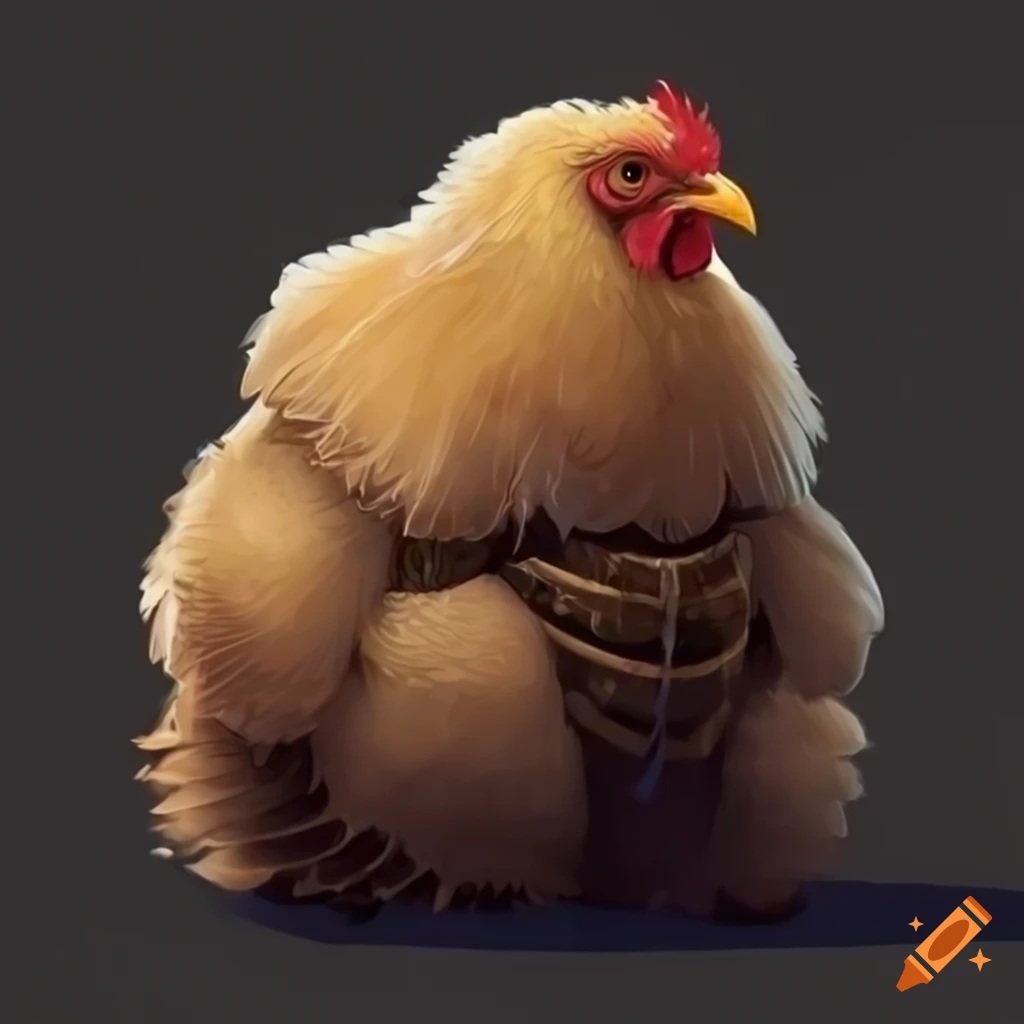 Plump fluffy chicken in battle armor