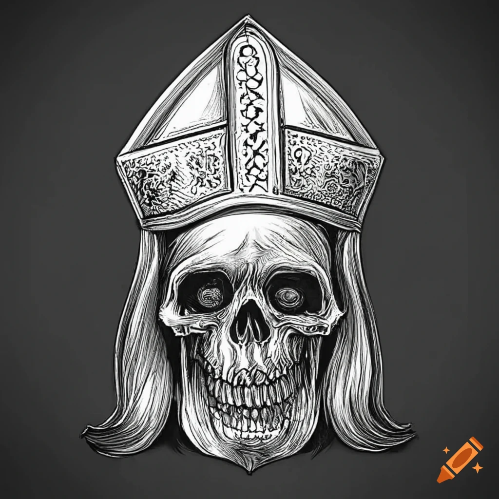 Skull with catholic bishop headress logo in black and white